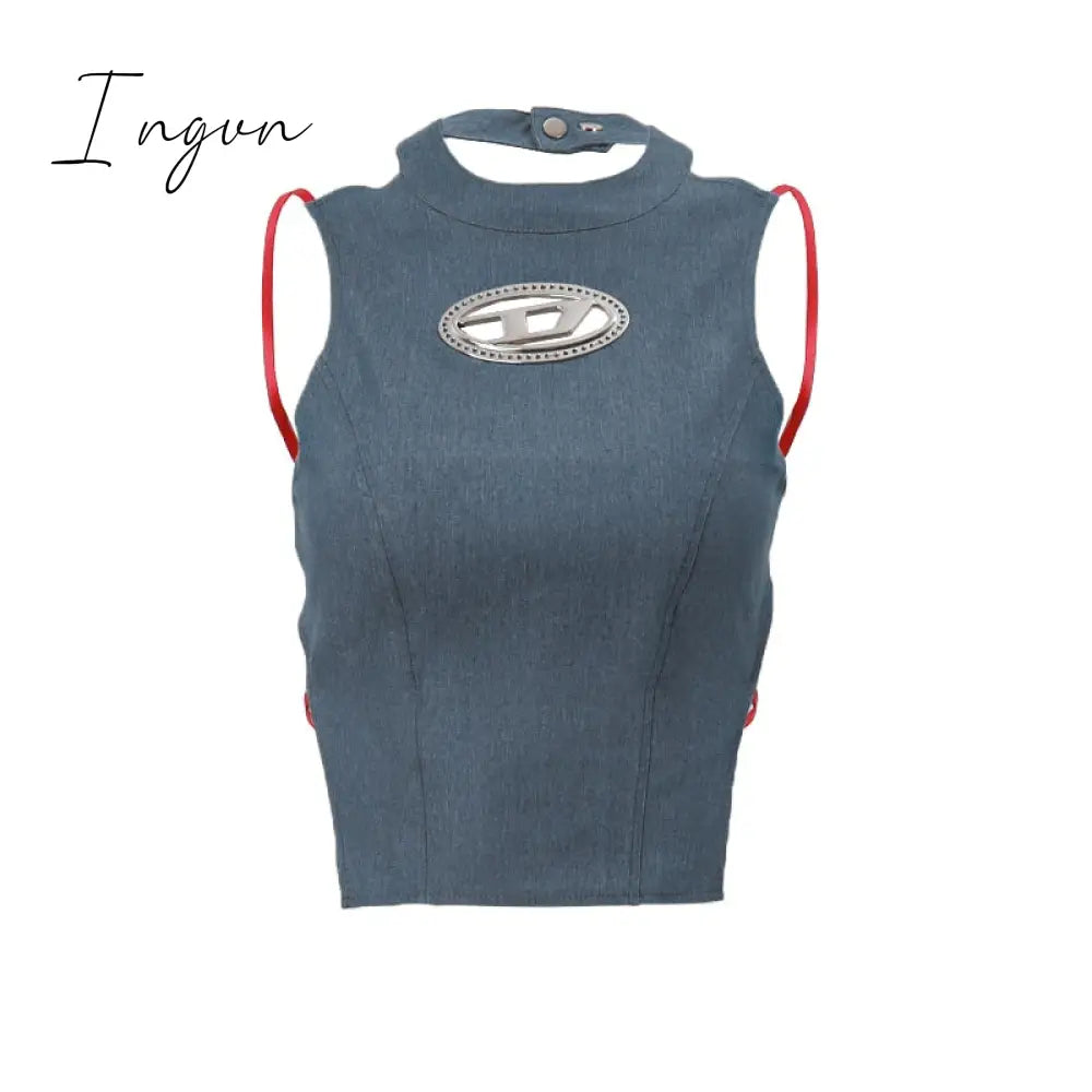 Ingvn - Y2K Women Blue Denim Slim Tank Top Sexy Half-high Collar Backless Crop Tops 2023 Hot Summer Streetwear Irregular Corsets