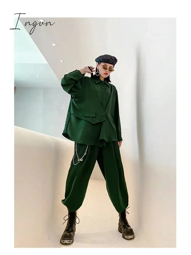 Ingvn - Wide Leg Pants Irregular Big Size Two Piece Suit New Lapel Long Sleeve Loose Fit Women Fashion Spring Autumn