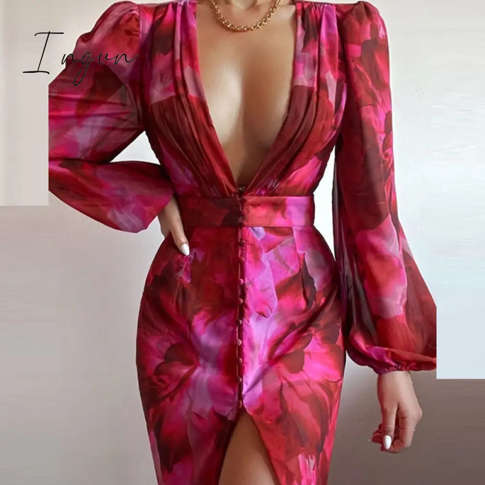 Ingvn - Women Sexy Button V-Neck Slit Party Dress Lady Elegant Print Slim Maxi Dress Spring Summer Casual Long Sleeve High Waist Vestido