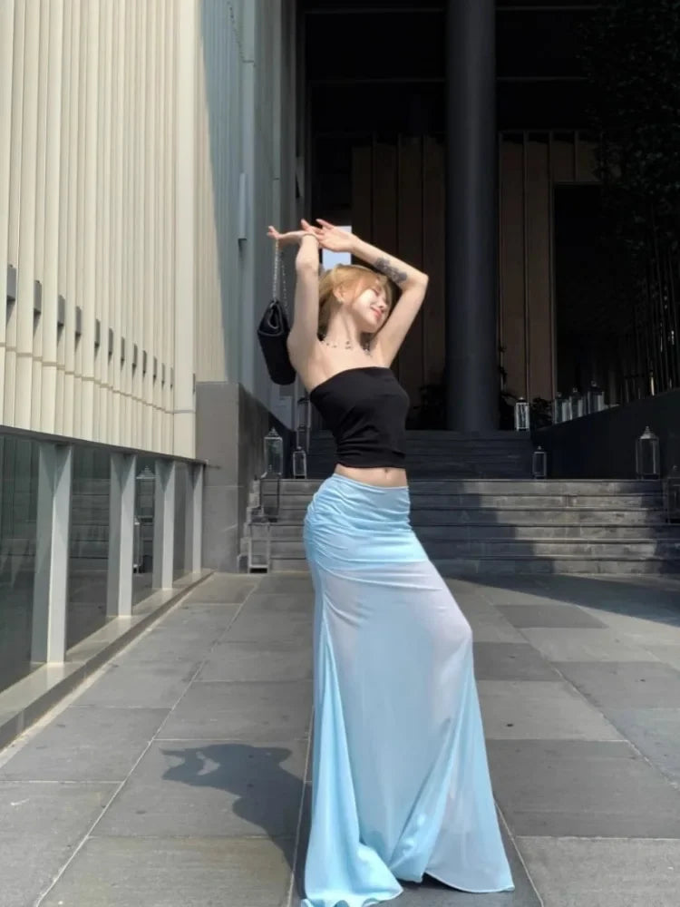 Seaside Gauze Splicing Blue Skirt Female Faldas Para Mujeres Summer Temperament Fishtail Skirt Chic Package Hip Skirts