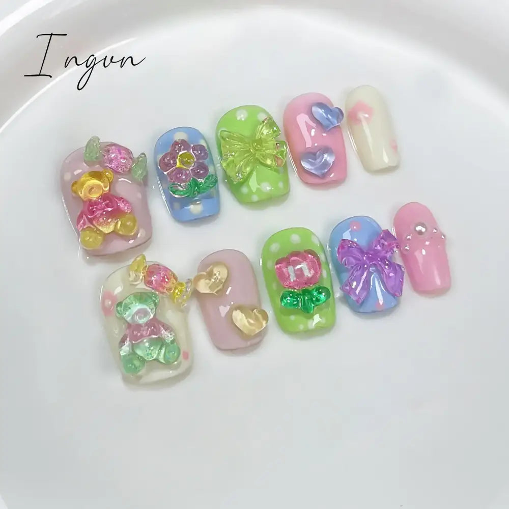 10Pcs Pink Cute Handmade Press on Nails Full Cover Bear Rhinestone Summer French Short False Nails Wearable Manicure Nail Tips