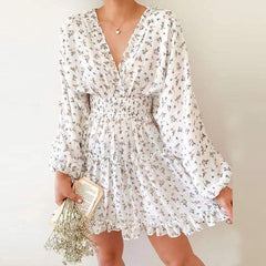 Pphmm Casual Pleated Chiffon Office Lady Dress Spring Women Ruffle V Neck Waist Mini Dress Elegant Lantern Sleeve Print Beach Dresses