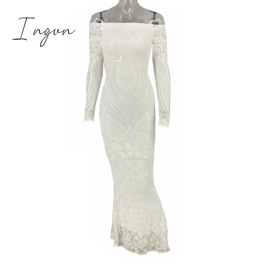Ingvn - Slash Neck Slim Lace Fishtail Dress Party Women Elegant Long Sleeve Embroidered White Dresses Woman Evening Bride Smaid Vestidos