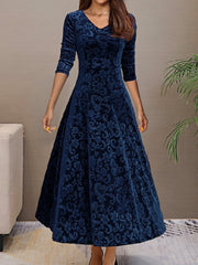 Vibrant Polyester Long Sleeve V-Neck Flared Dress - Elegant, High-Elasticity, Random Print, Machine Washable, All-Season Apparel for Women - Perfect for Spring and Fall Occasions