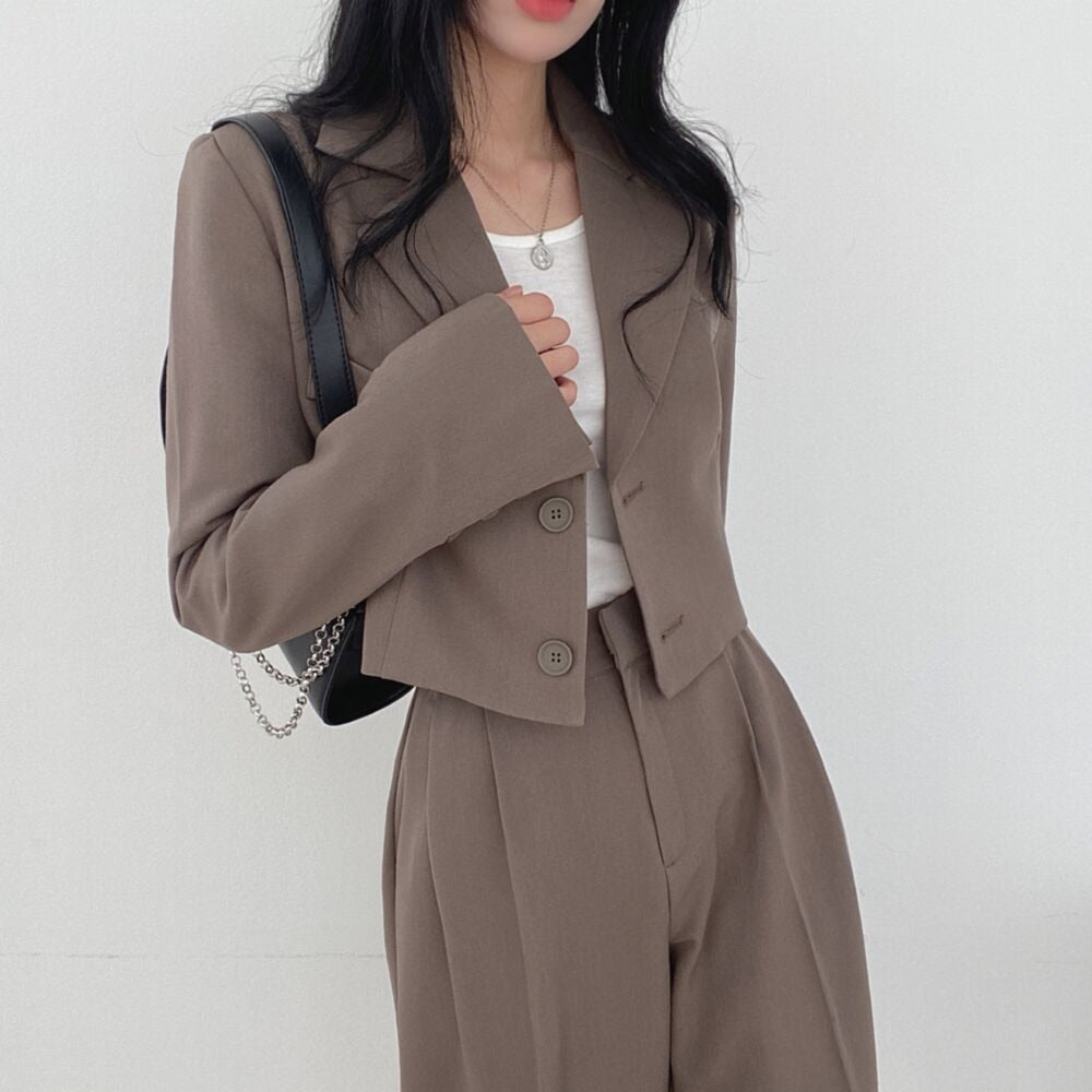 Korean Style Office Lady Blazer Sets Autumn Loose 2 Two Piece Set Women Long Sleeve Short Suit Coat + Straight Suit Pants Suits