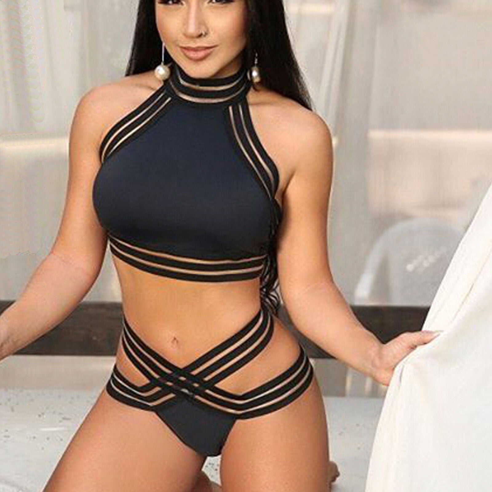 Voguable  Sexy Mesh Bikini Sets Women Push-up Padded Bra Halter High Waist Bikini Set Swimsuit Swimwear Summer Bathingsuit Suit Beachwear