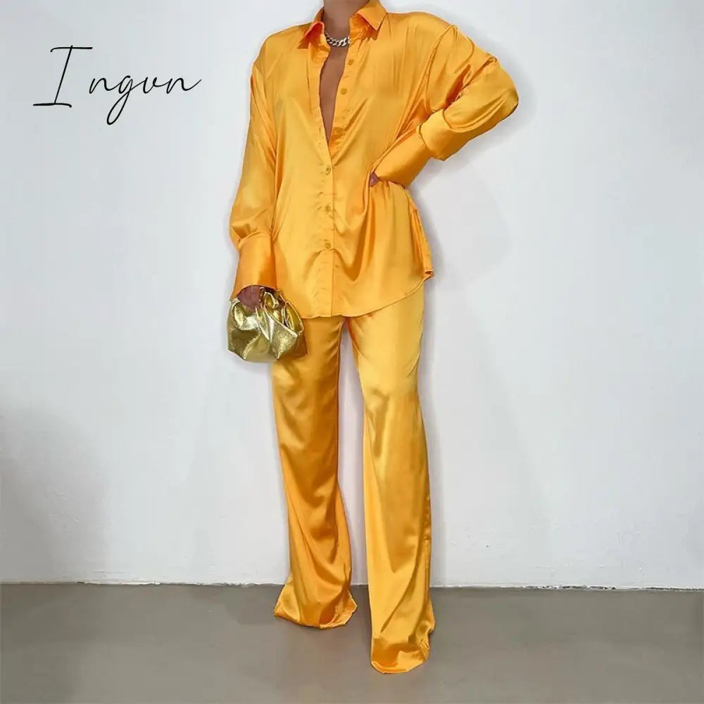 Ingvn - Women Elegant Satin Two Piece Sets Casual Feamle Solid Loose Outfits Long Sleeve Shirt And Wide Leg Straight Pants Suits