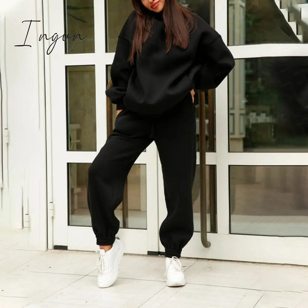 Ingvn - Women Elegant Solid Sets For Women Warm Hoodie Sweatshirts And Long Pant Fashion Two Piece Sets Ladies Lace Up Sweatshirt Suits