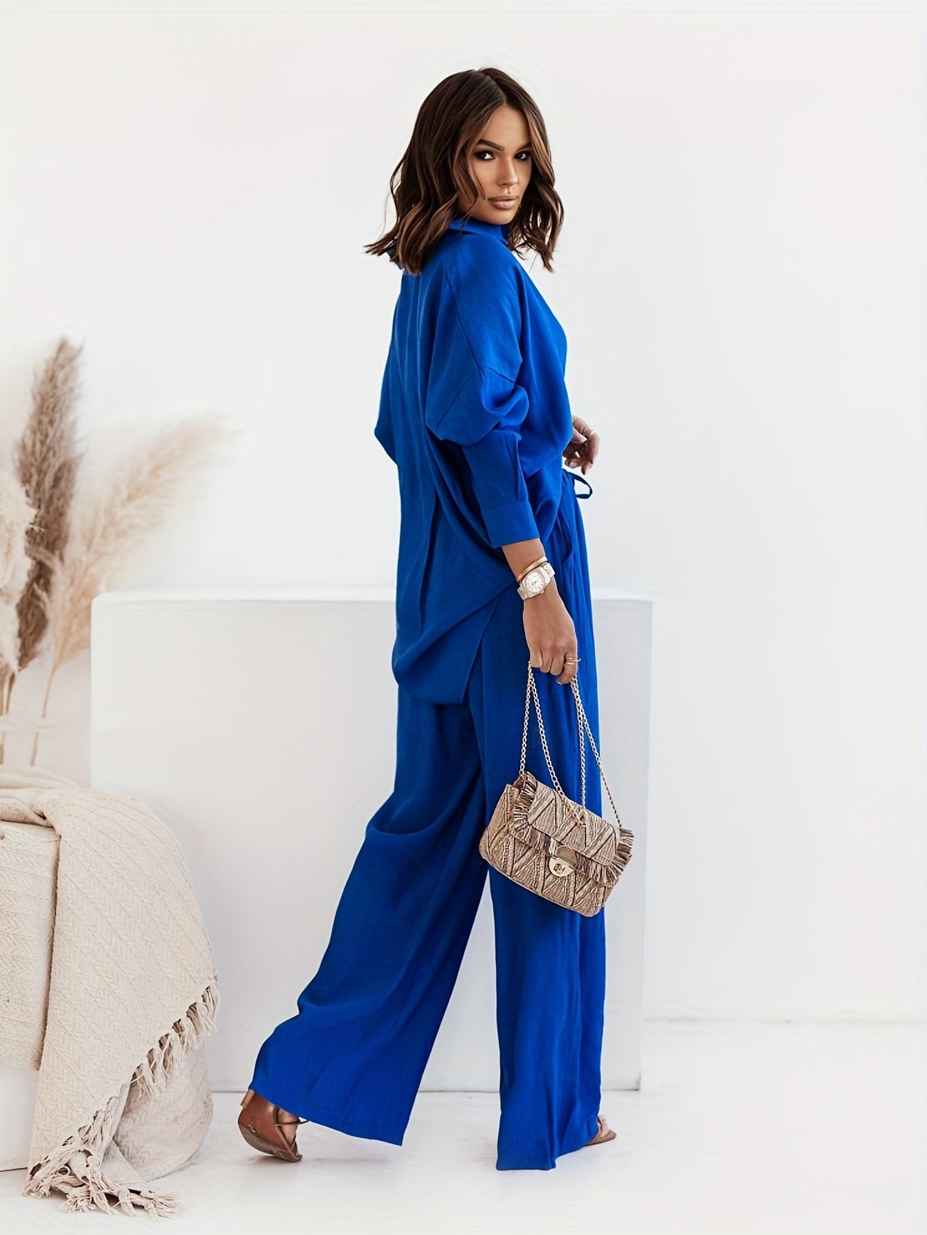 Plus Size Casual Outfits Two Piece Set, Women's Plus Solid Button Up Long Sleeve Turn Down Collar Blouse & Elastic Drawstring Wide Leg Pants Outfits 2 Piece Set