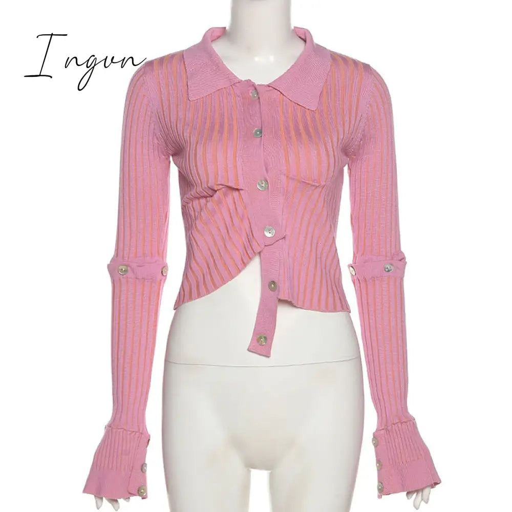 Ingvn - Fashion Trends Single Breasted Knitted Sweater Women Sexy Long Sleeve Asymmetrical Cardigans Solid Turn Down Collar Autumn Fashion Tops