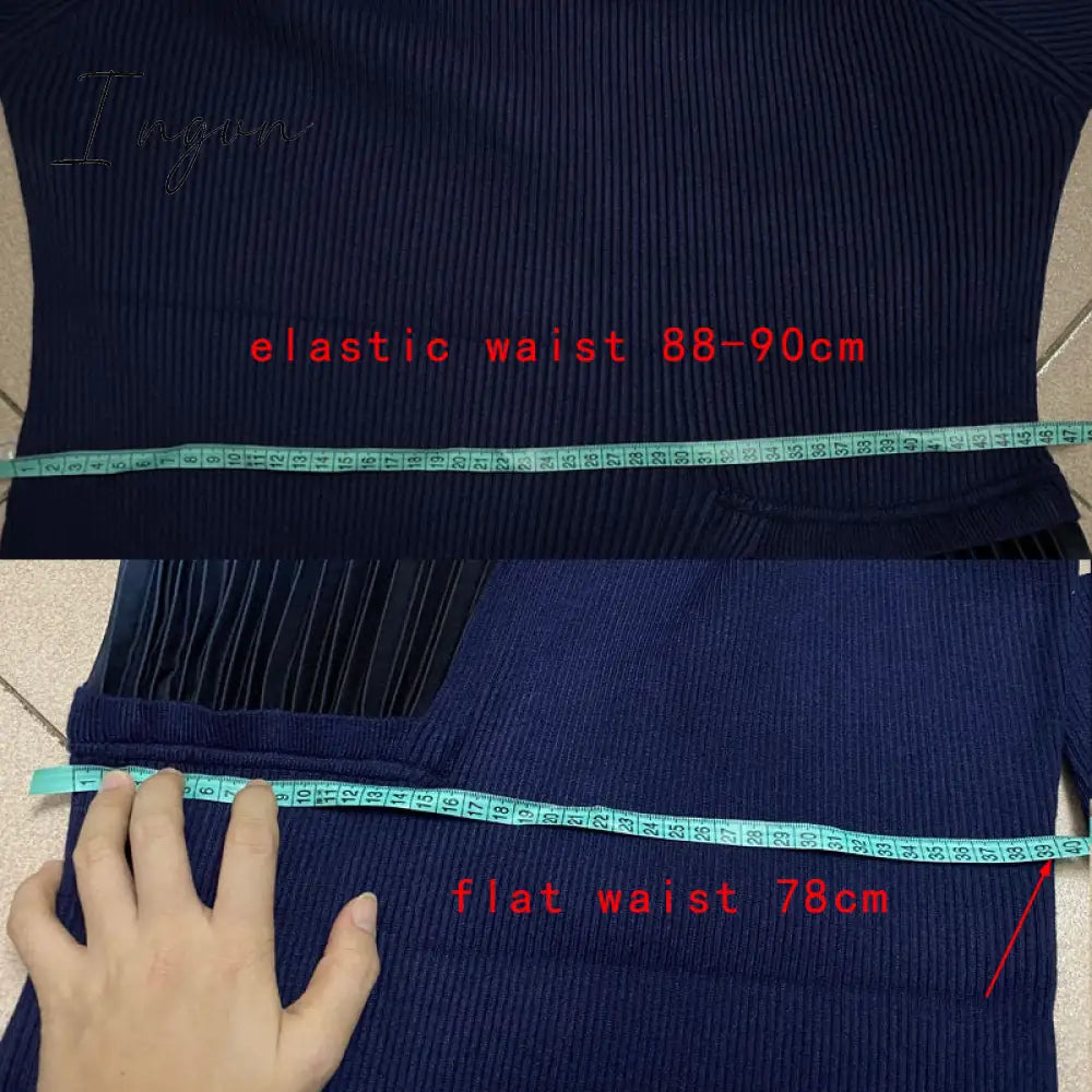 Ingvn - Autumn Winter Elegant Knitted Patchwork Gradient Pink Pleated Dress Women Long Sleeve Office One-Piece Sweater Dress With Belt