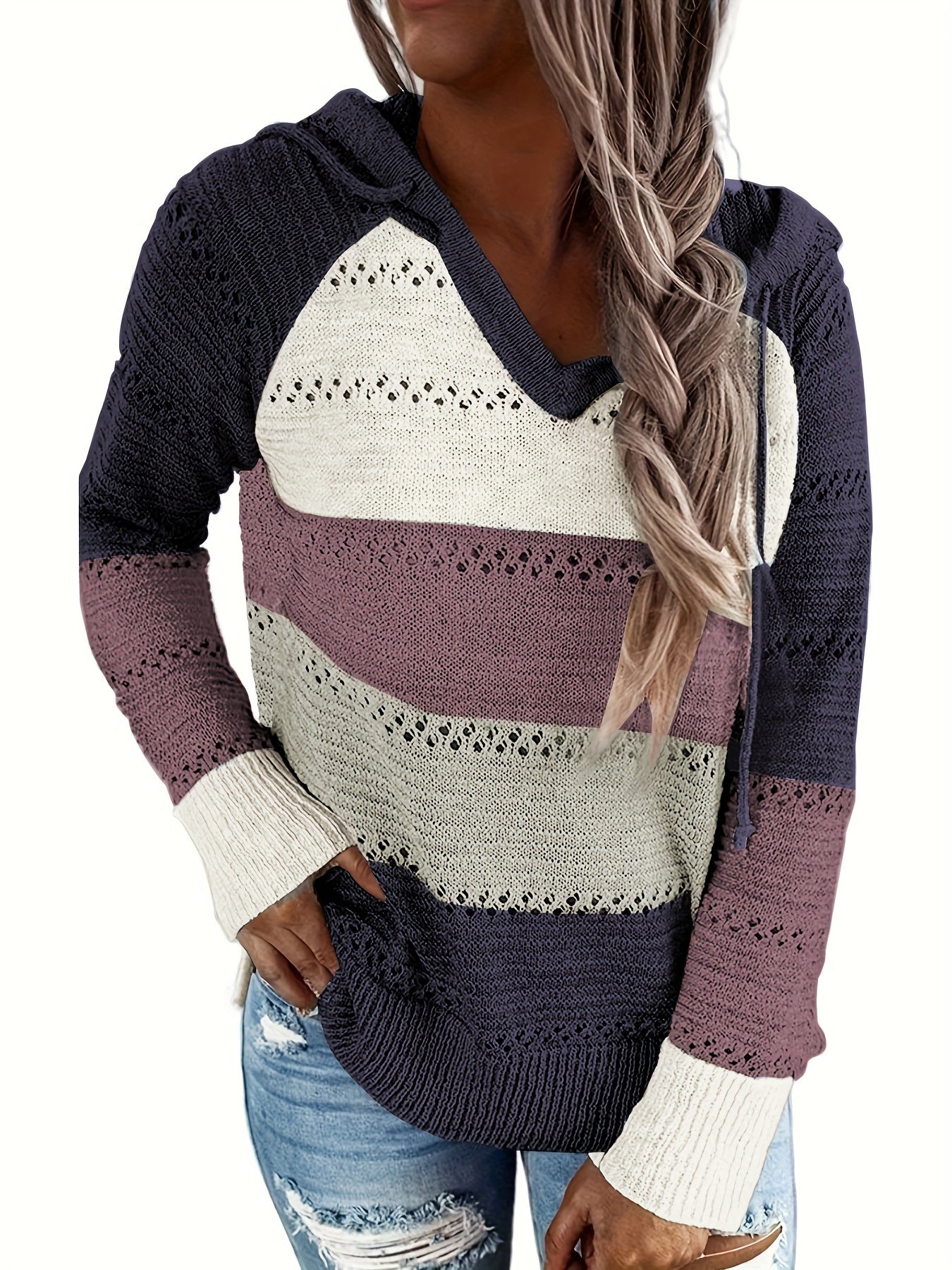 Color Block Drawstring Hooded Sweater, Casual Long Sleeve Sweater For Fall & Winter, Women's Clothing