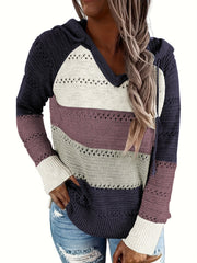 Color Block Drawstring Hooded Sweater, Casual Long Sleeve Sweater For Fall & Winter, Women's Clothing