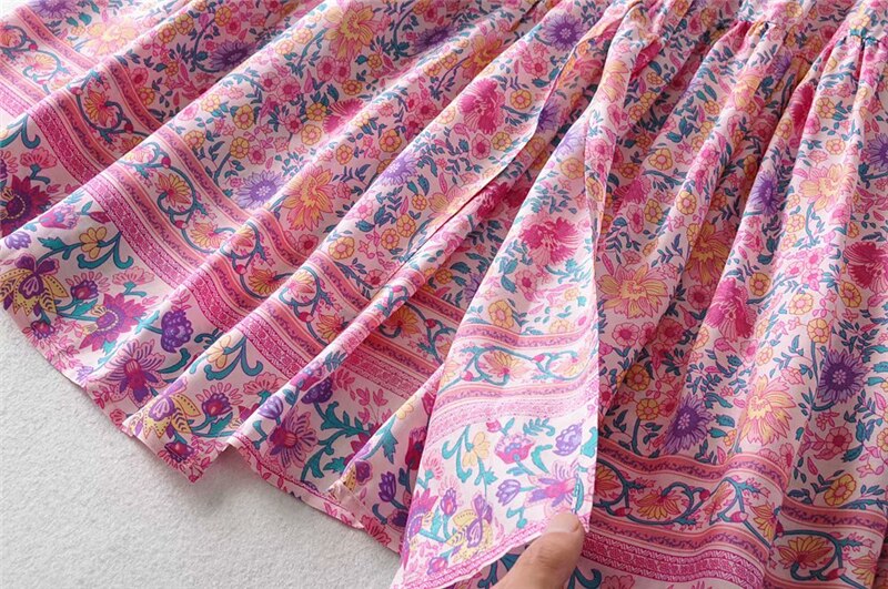 Vintage Chic Fashion Women Pink Floral Print Split Beach Bohemian Skirt High Elastic  A-Line Boho Rayon Maxi Skirts Femme