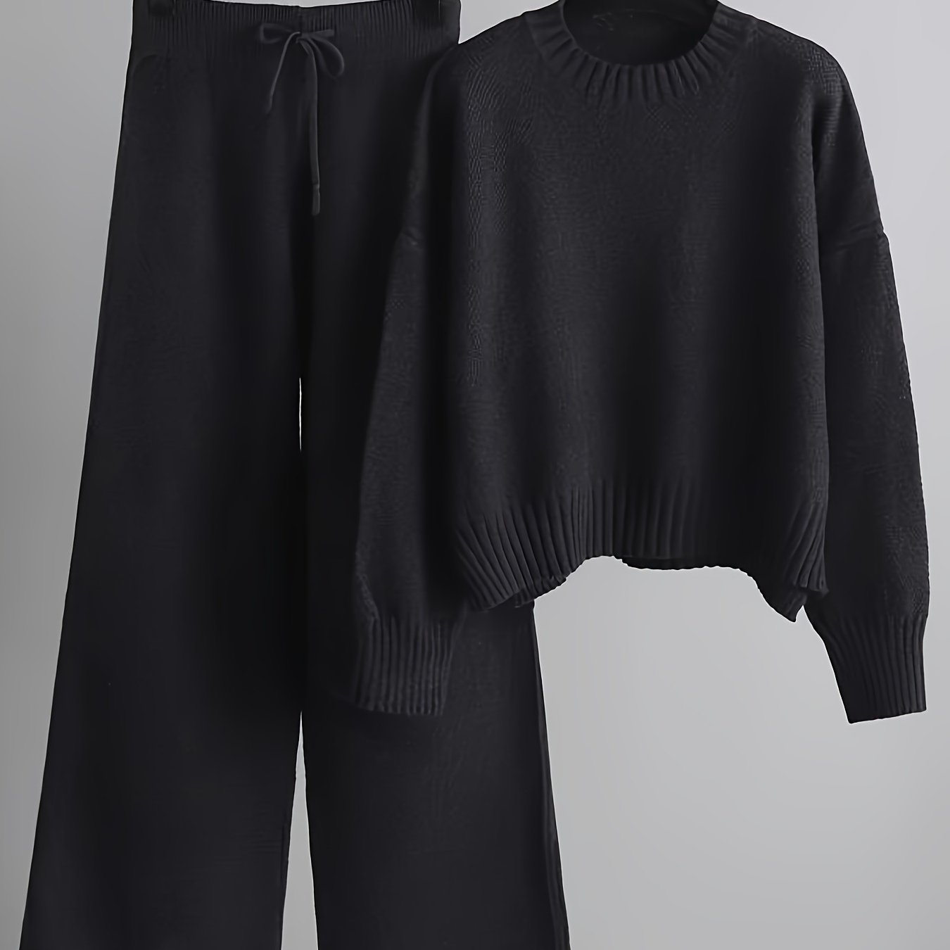 Cozy Knit Pants Set - Soft Long Sleeve Crew Neck Drop Shoulder Sweater, Drawstring Waist Wide Leg Pants, Comfortable Women's Clothing Outfit for Casual Daily Wear - Autumn Winter Fashion Essentials