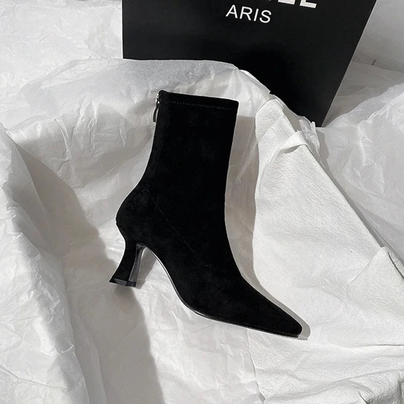 Pointed Toe Women Sock Short Boots Fashion Side Zipper  Ankle Booties Thick High Heel Autumn Winter Ladies Shoes Botas Femininas