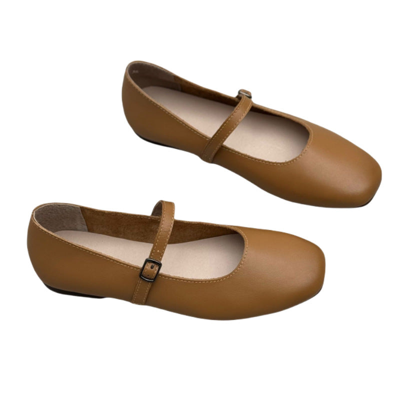 Mary Jane Genuine Leather Single-layer Shoes Spring and Summer Artistic Casual Buckle Flat Soft Cowhide Simple Women's Shoes