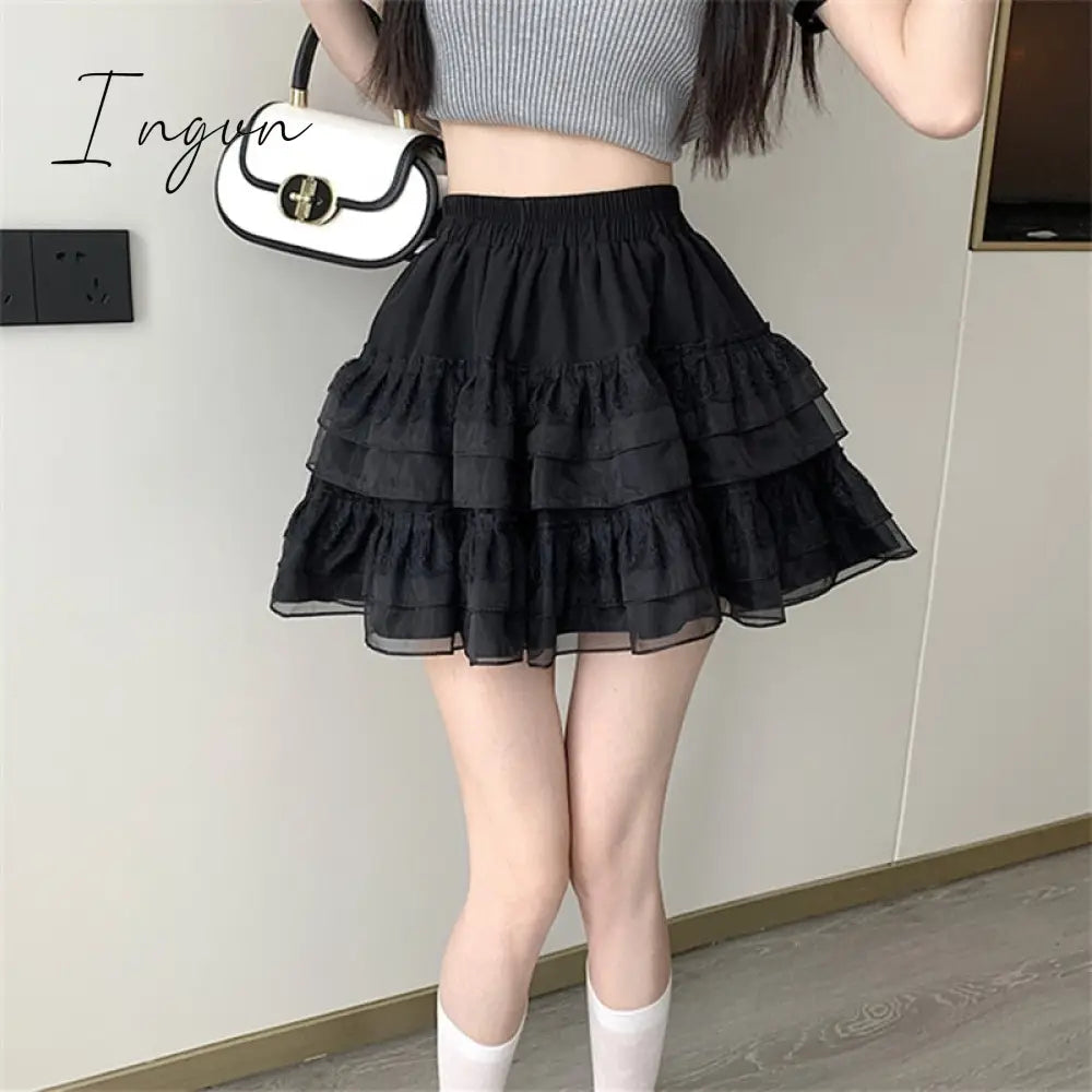 Ingvn - Lace High Waisted Skirt for Women 2023 New Elegant Fashion Ball Gown Skirts Chic A Line Casual White Black Mini Skirt