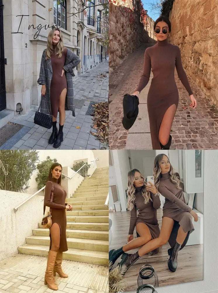 Ingvn - Vintage Elegant Brown Sheath Rib Dress Women Fashion Side Open Half Turtleneck Long Dresses Female Chic Vestidos