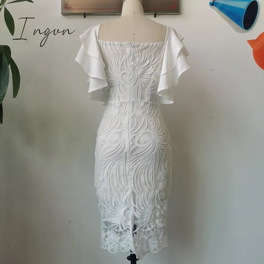 Ingvn - 2023 Summer Fashion Midi Dress Elegant Evening Party White Dresses for Women Classy Prom High-waist Lace Ruffle Female Clothing