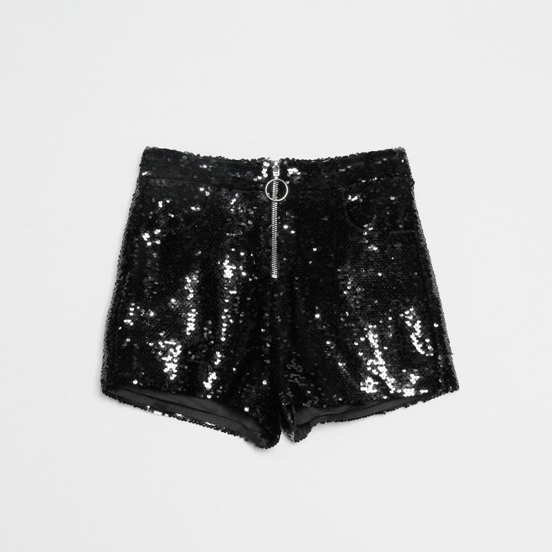 Sexy Women Sequin Shorts Summer High Waist O-Ring Zip Bodycon Shorts Feminino Skinny Party Club Festival Raves Pole Dance Shorts
