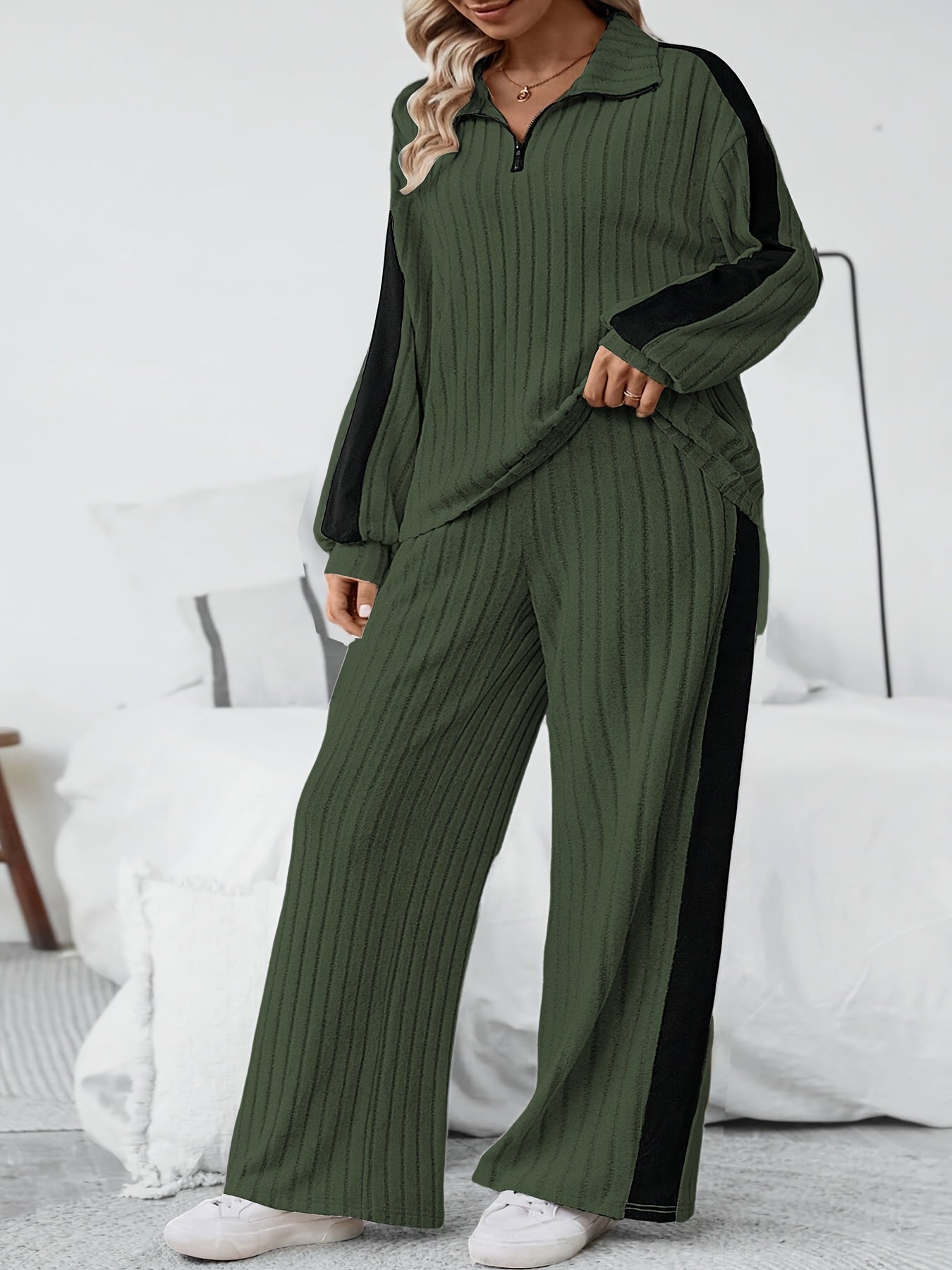 Stylish Plus Size Co-ords - Ribbed Half Zip Long Sleeve Sweatshirt and Wide Leg Pants Outfits for Women - Casual, Comfortable, and Chic Clothing Set for Curvy Figures