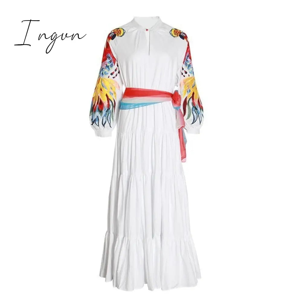 Ingvn - High Quality Luxury Design Runway Female Elegant Embroidery Women Dress Lantern Sleeve High Waist Maxi Long Dresses