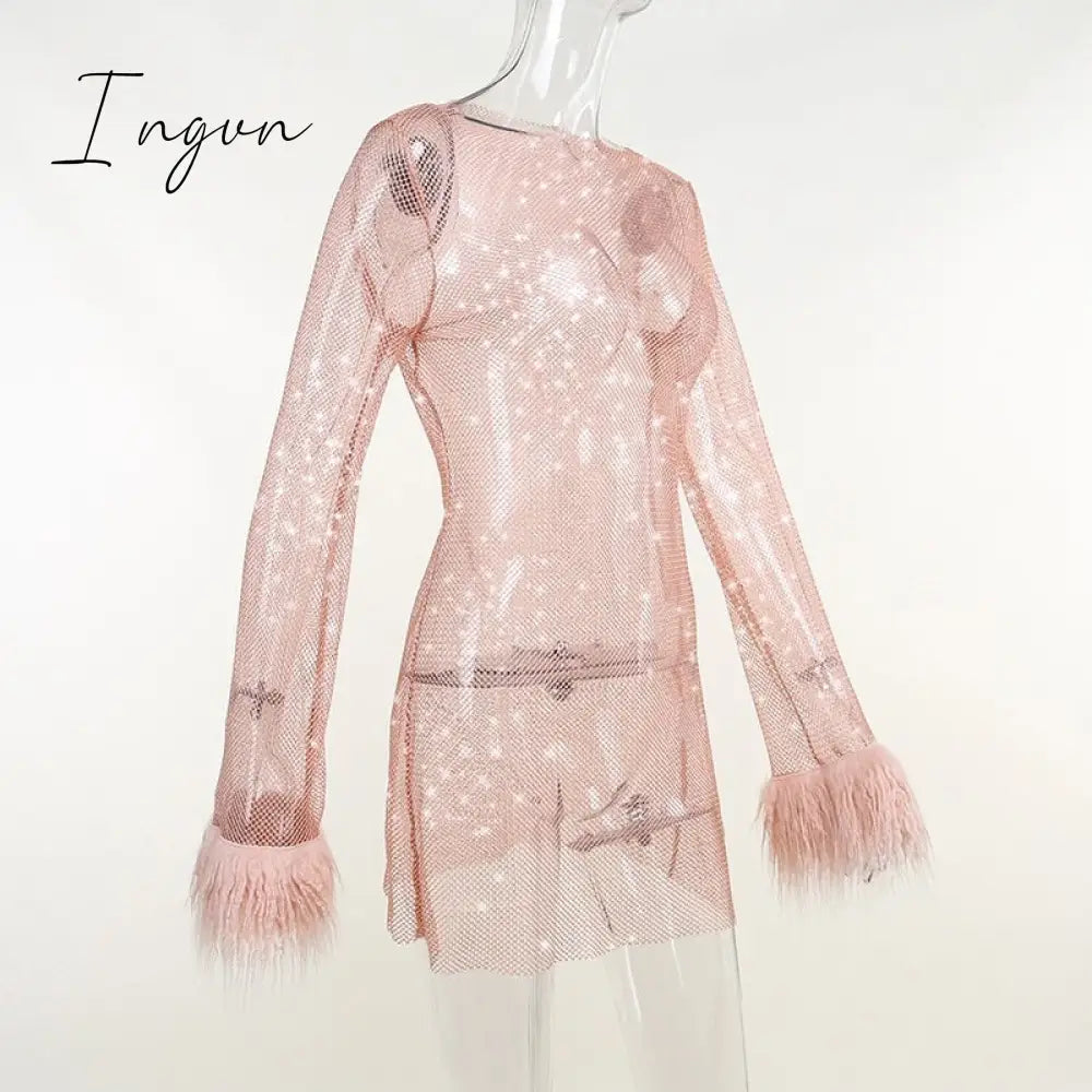 Ingvn - Round Collar See Through Dress Women Sexy Long Sleeve Elegant Female Clubwear Solid Mesh Tassel White Feather Mini Dress
