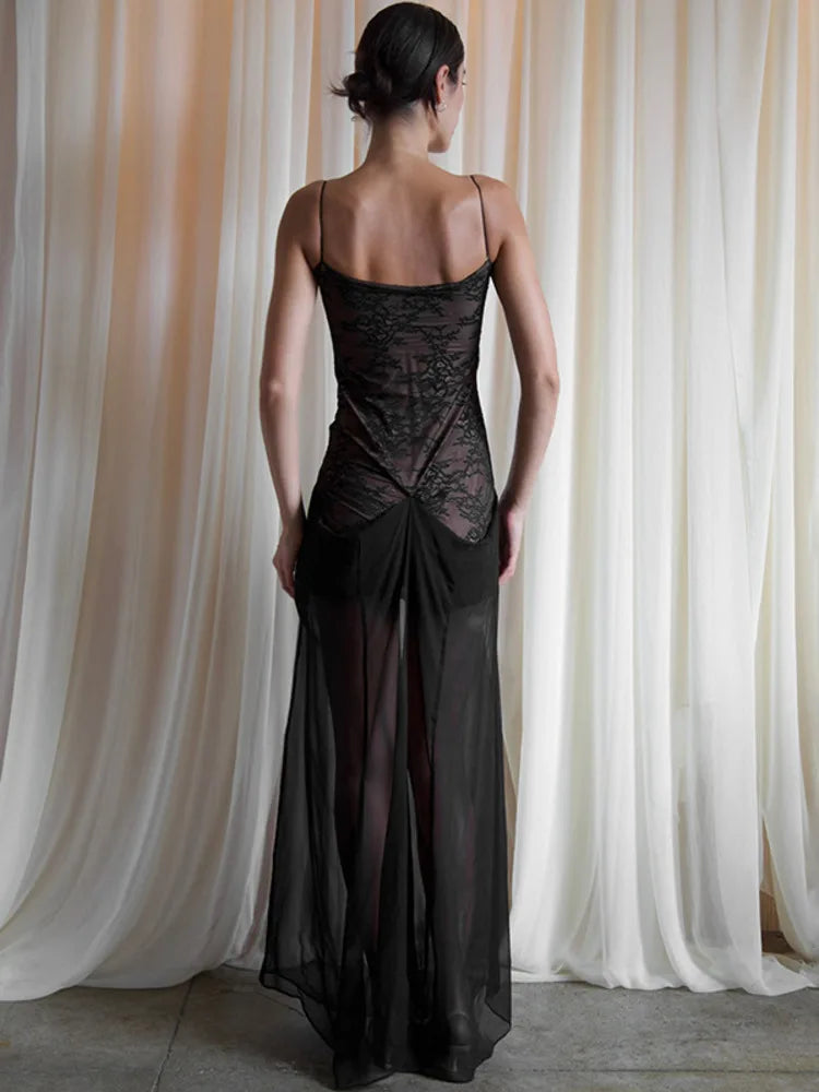 Lace Spaghetti Strap Sexy Maxi Dress Women Fashion Patchwork Sleeveless Backless See Through Club Party Long Dress