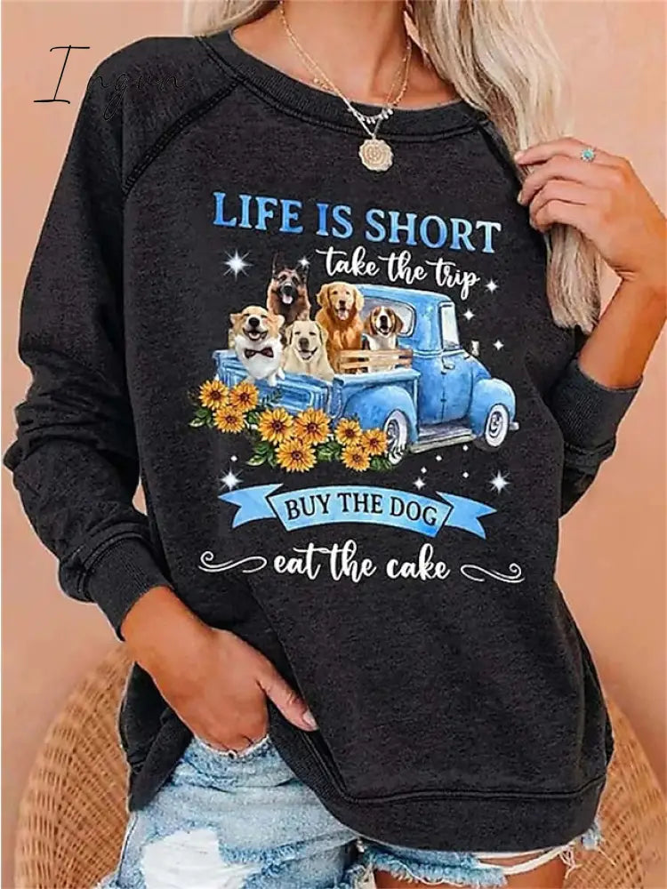 Ingvn - Women's Hoodie Sweatshirt Pullover Fashion Black Blue Dog Casual Hoodie Long Sleeve Top Micro-elastic Fall & Winter