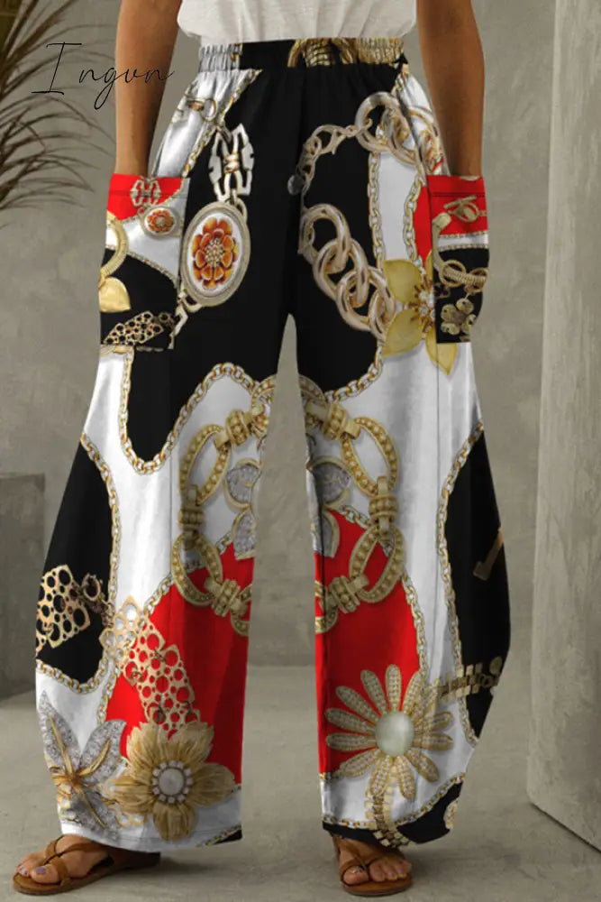 Ingvn - Red Casual Print Patchwork Pocket Regular High Waist Conventional Full Print Trousers