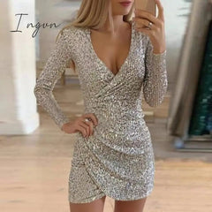 Ingvn - New Sexy Women Dress Sequins Glitter Women V-neck Long Sleeve Self Cultivation Dresses Elegant Ladies Party Dress
