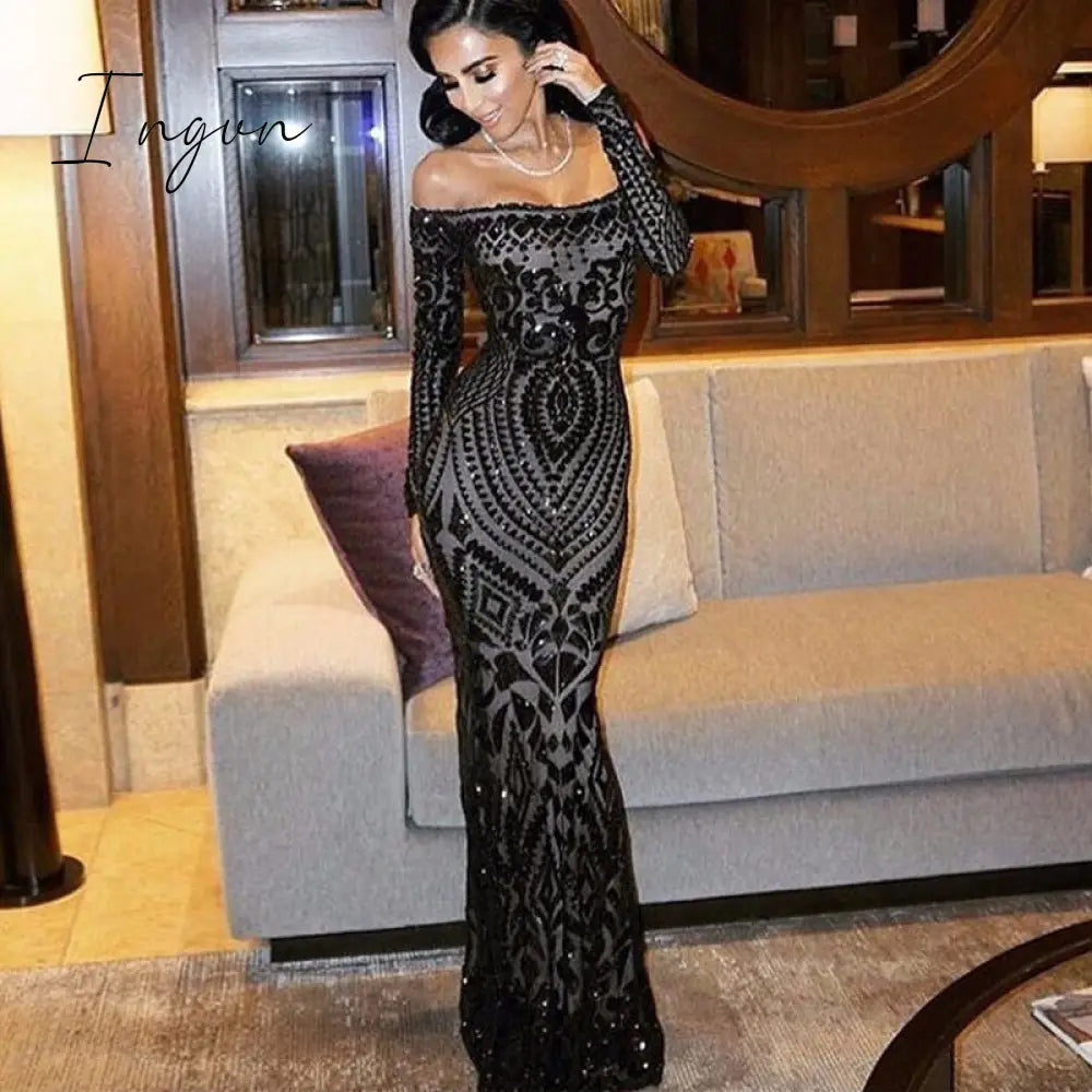 Ingvn - Slash Neck Slim Lace Fishtail Dress Party Women Elegant Long Sleeve Embroidered White Dresses Woman Evening Bride Smaid Vestidos