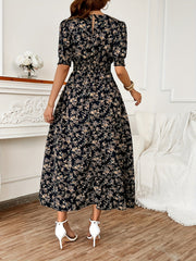 Blossoming floral print dress - Romantic Puff Sleeves & Shirred Bodice - Perfect for Spring/Summer - Flattering Crew Neck - Stylish Womens Casual Wear