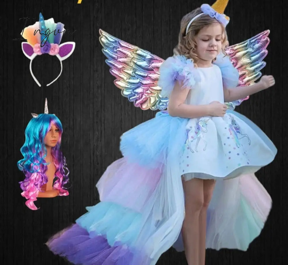 Ingvn - Christmas Girls Unicorn Dress with Long Tail + Wings Wig Hairband Baby Girl Princess Birthday Party Ball Gown Kids Horse Clothes
