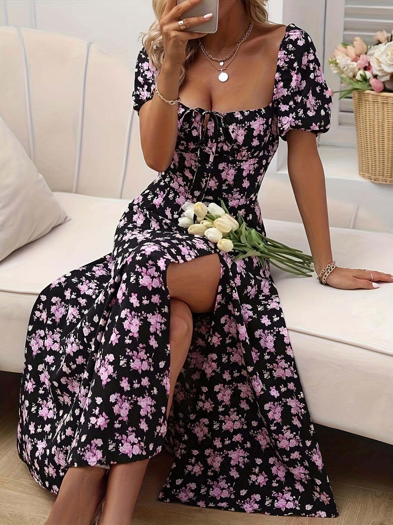 Elegant Floral Puff Sleeve Dress - Lightweight, Split Hem A-line for Spring & Summer Occasions