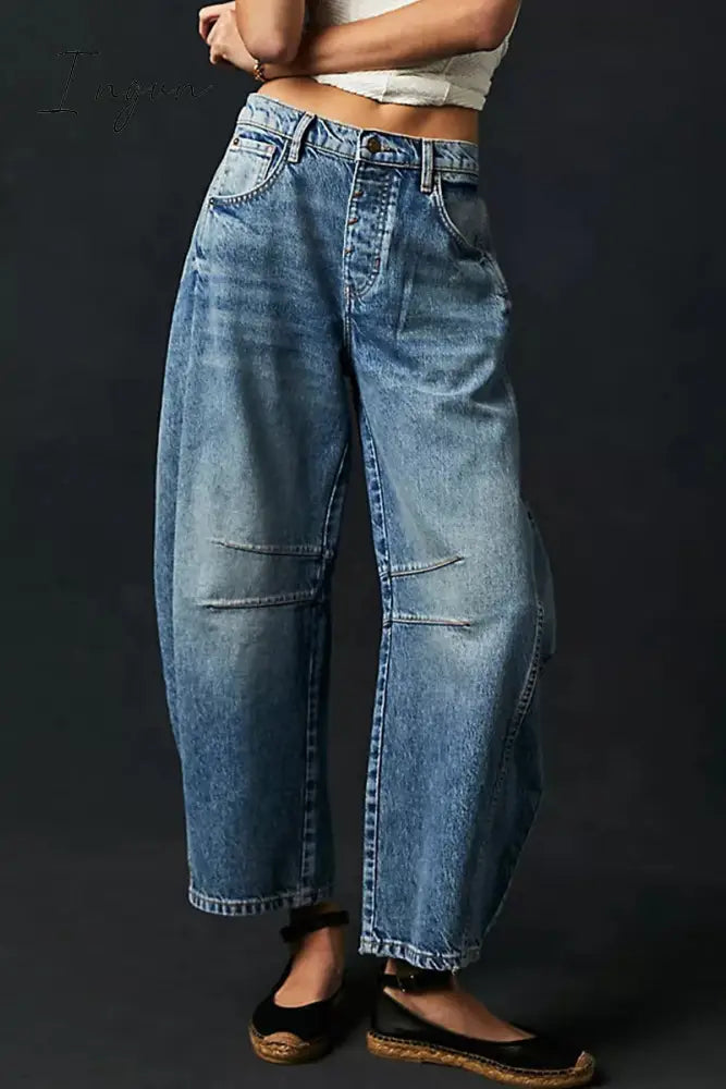 Ingvn- Casual Vintage Solid Pocket Without Belt Mid Waist Loose Denim Jeans(No Belt)