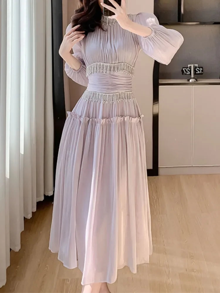 Elegant Party Tasseled with Diamonds Midi Dresses for Women Vintage Fashion New Ruffle Long Sleeve Slim Female Clothes Robe