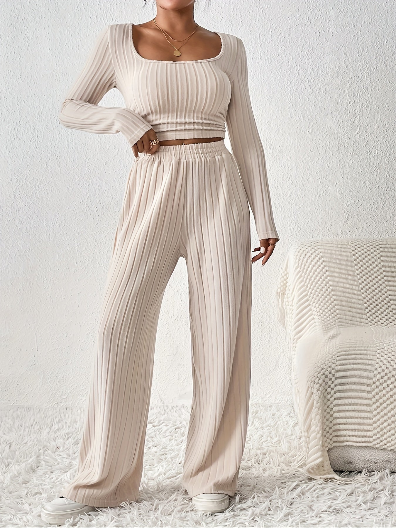 Casual Ribbed Solid Color Pants Set, Low Cut Neck Long Sleeve Crop Top & Elastic Waist Wide Leg Loose Pants, Women's Clothing