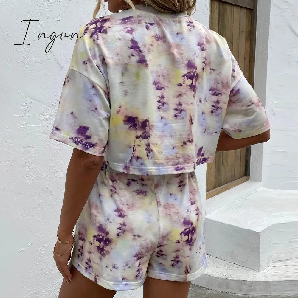 Ingvn - Tie Dye Round Neck Dropped Shoulder Tie Dye Top and Shorts Set