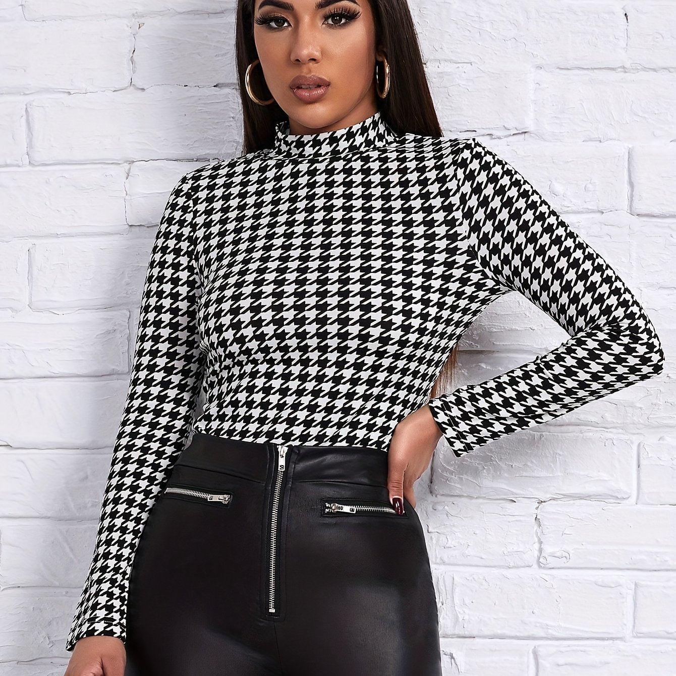 Houndstooth Print Mock Neck T-Shirt, Casual Long Sleeve Slim T-Shirt For Spring & Fall, Women's Clothing