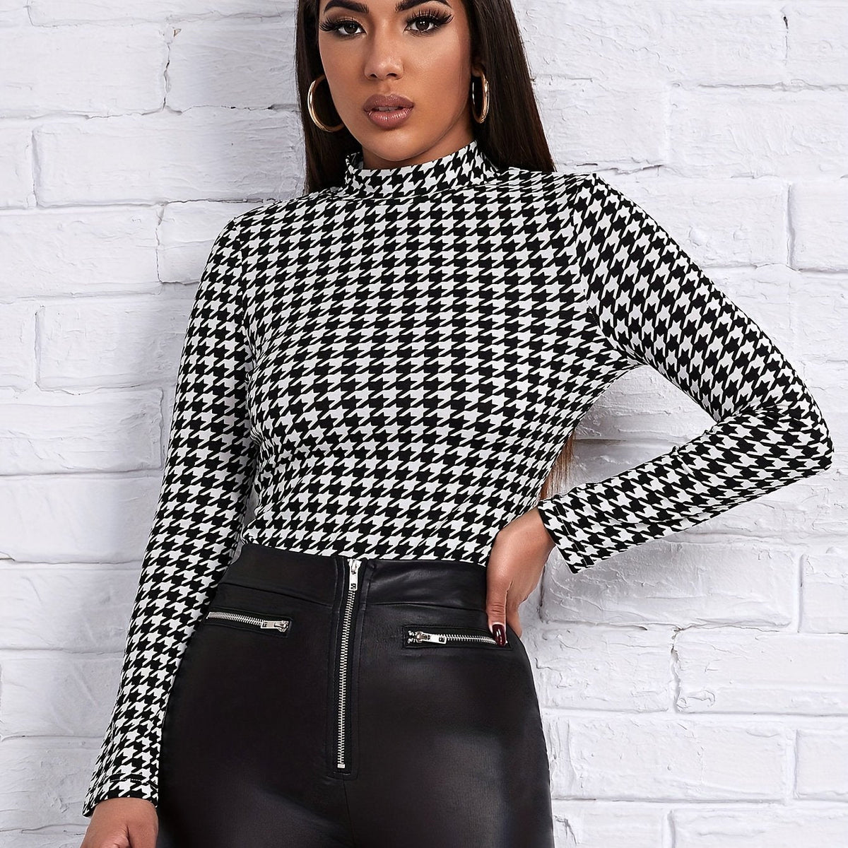 Houndstooth Print Mock Neck T-Shirt, Casual Long Sleeve Slim T-Shirt For Spring & Fall, Women's Clothing