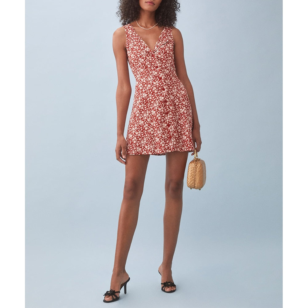 Summer Clothes For Women Elegant Vintage Floral Dress V Neck Sleeveless Button Back Waist Tie Mini Dress Vacation Beach Dress