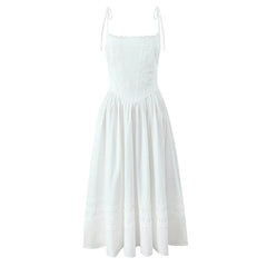 Elegant Women Lace Spliced Sexy Spaghetti Straps Dress Low Waist A-line Midi Long Summer Dresses Casual Party Robe Cotton