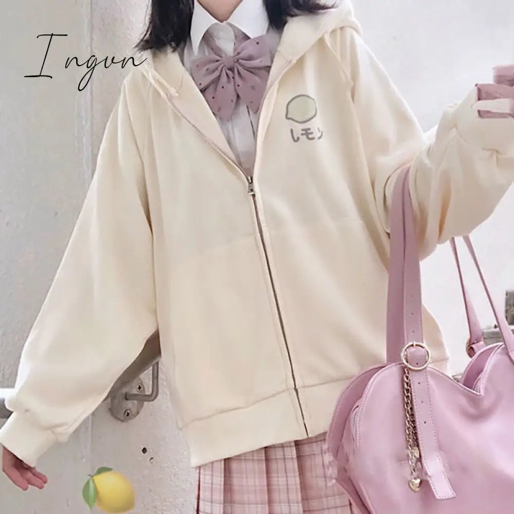 Ingvn - Harajuku Sweet Fruit Print Women Hoodie Pocket Spring Loose Thin Zipper Sweatshirt Girl Cute Pink Plus Size Clothes Among Us