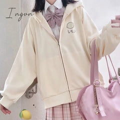 Ingvn - Harajuku Sweet Fruit Print Women Hoodie Pocket Spring Loose Thin Zipper Sweatshirt Girl Cute Pink Plus Size Clothes Among Us