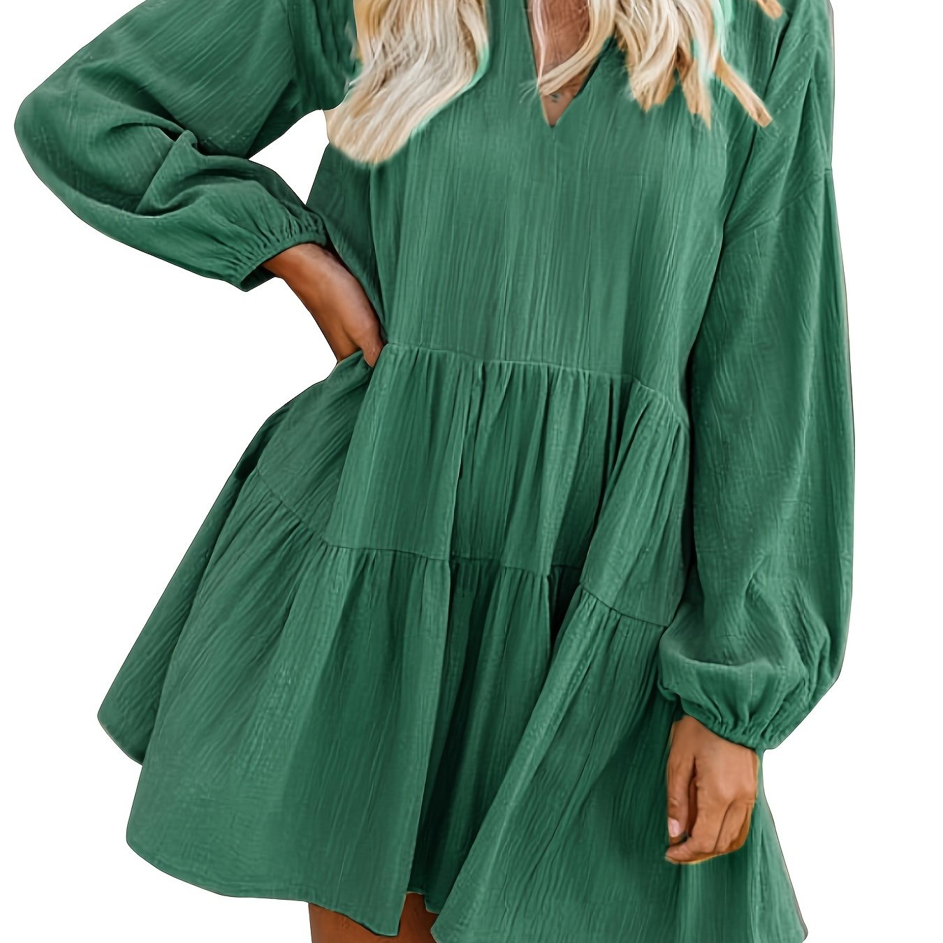Long Sleeve Solid Color V Neck Loose Babydoll Dress, Casual Ruffle Hem For Spring & Fall, Women's Clothing