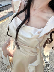 Elegant Sleeveless Satin Mini Dress Women Summer Korean Short Design Spaghetti Strap Vintage Fairy Sweet Female Clothing