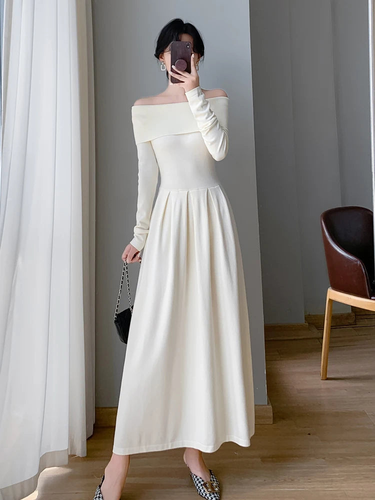 Sexy Off Shoulder Evening Dress for Women Solid Long Sleeve Slim Waist Party Vestidos Mujer Elegant One Piece Prom Robes Femme