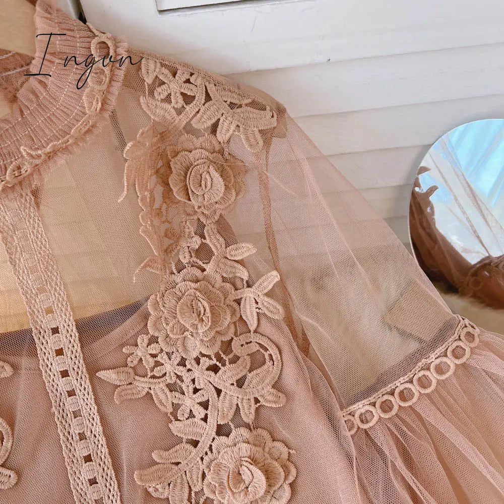 Ingvn - spring Women Mesh Tops Fashion Sexy Sheer Lace Blouse Lantern Sleeve 3D Floral Blouses Shirts Elegant Top Blusas Femininas